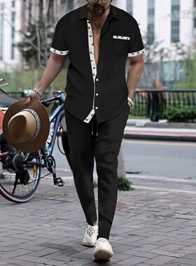 2026夏季外贸新款欧美短袖长裤两件套运动休闲男士套装