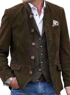 2025欧美独立站新款麂皮绒夹克纽扣立领男士休闲外套男