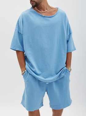 2026欧美春款男士休闲运动套装圆领短袖短裤两件套男装