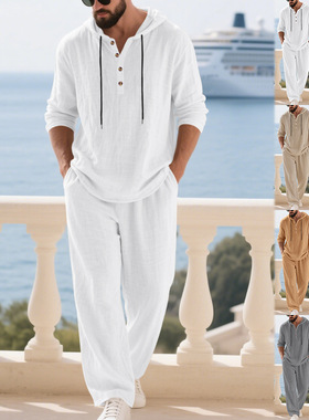 欧美秋季休闲长款套装宽松连帽长袖长裤运动服套装男