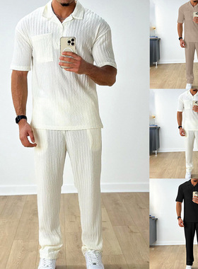 2026新款欧美春夏季时尚休闲短袖衬衫长裤两件套男士套装