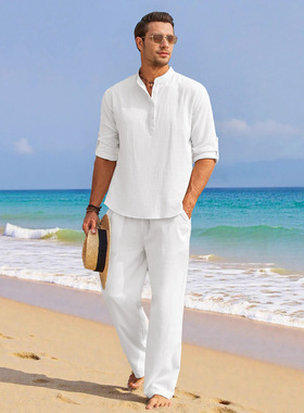 2026男士夏季纯色立领衬衫搭配抽绳长裤套装