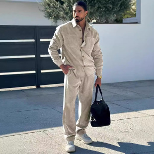 欧美男士套装翻领多口袋长袖长裤两件套运动休闲男装轻熟风