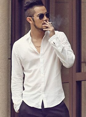 沙滩透气白色长袖衬衫男士休闲薄款修身宽松防晒衬衣