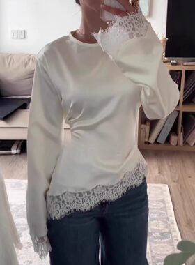 欧美女装风新款圆领纯色长袖不规则下摆花边打底衫恤女上衣修身