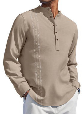 男装衬衫印花长袖衬衫男士上衣休闲纽扣领修身型