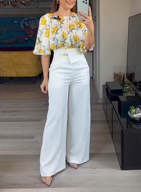 女装黄色缎面满身花卉喇叭袖上衣套装高腰休闲通勤长裤