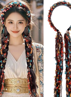 毛绒编发彩绳绑发宽边发箍 云南藏族民族风发带头箍 麻花辫发饰女