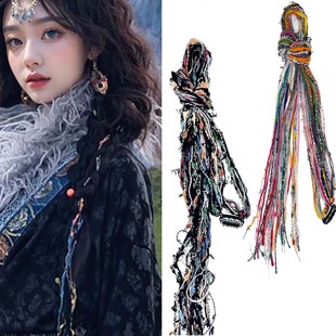 藏族麻花辫点缀飘带彩绳 旅拍民族风头饰发夹 假发辫子毛线编发绳