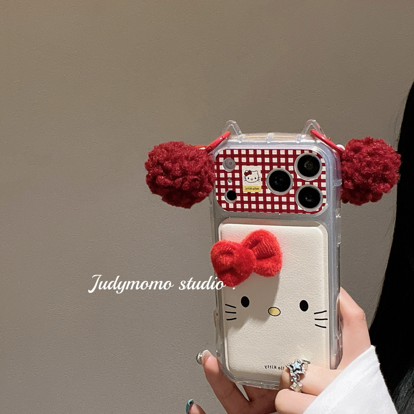 韩系ins红色格子猫立体耳朵挂件适用iPhone17promax手机壳16苹果新款17/15pro防摔全包14少女