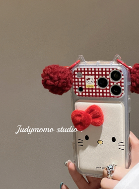 韩系ins红色格子KT猫立体耳朵挂件适用iPhone17promax手机壳16苹果新款17/15pro防摔全包14少女