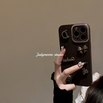 苹果15手机壳复古棕色气质贴饰软