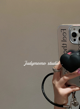 小众ins设计银黑色爱心立体支架适用iPhone16pro苹果新款15promax手机壳14防摔软壳13pro挂绳手提