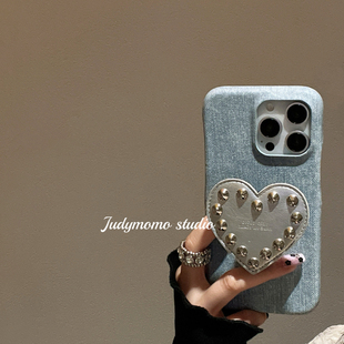 iPhone14苹果新款 小众冷淡仿牛仔铆钉爱心支架适用16promax手机壳15 16保护套13pro女