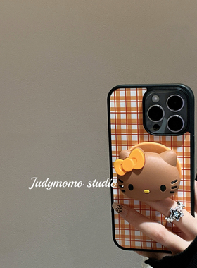 ins橙色格子立体KT头磁吸支架适用iPhone17苹果新款16pro手机壳17防摔磁吸壳15/14pro少女可爱