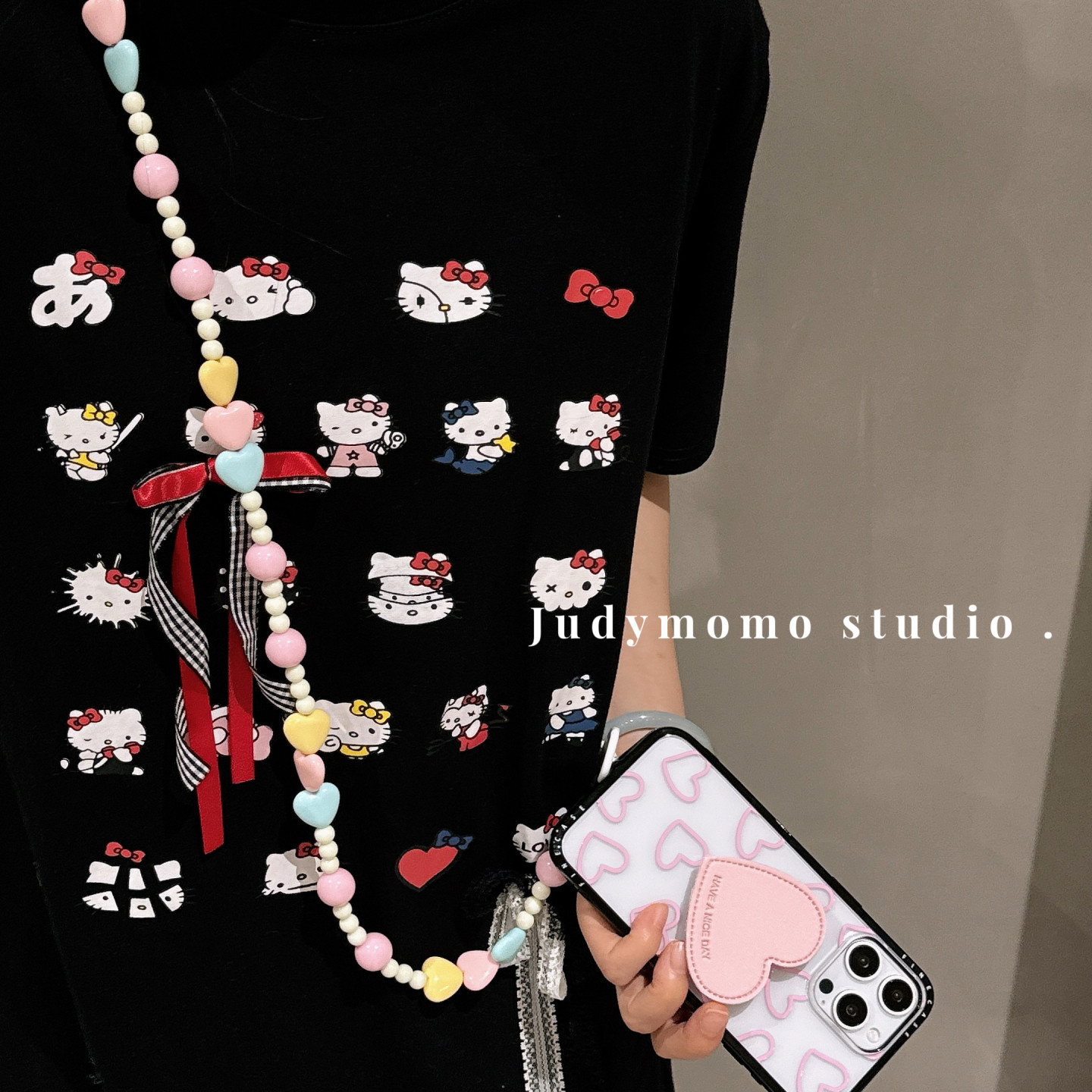 日韩ins可爱粉色爱心串珠链条长款斜挎链手机壳挂链少女新款斜背