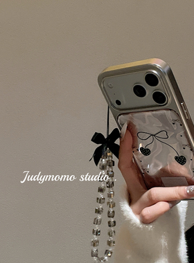 ins冷淡少女黑色樱桃电镀银适用iPhone17promax手机壳16苹果新款15pro防摔套14小众水晶挂链