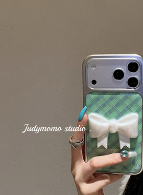 韩女ins格纹绿色立体蝴蝶结适用iPhone17pro手机壳新款16promax苹果15防摔滴胶14小众气质17