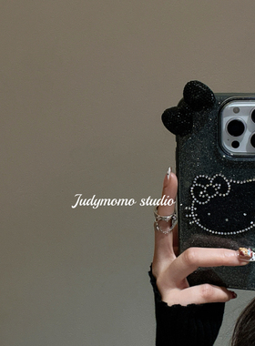 少女暗黑系Bling闪粉KT立体蝴蝶结适用15pro苹果新款iPhone16手机壳14promax硅胶13防摔壳