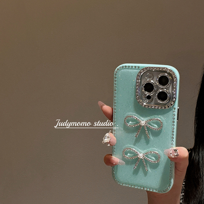 ins薄荷曼波清新闪钻蝴蝶结软壳