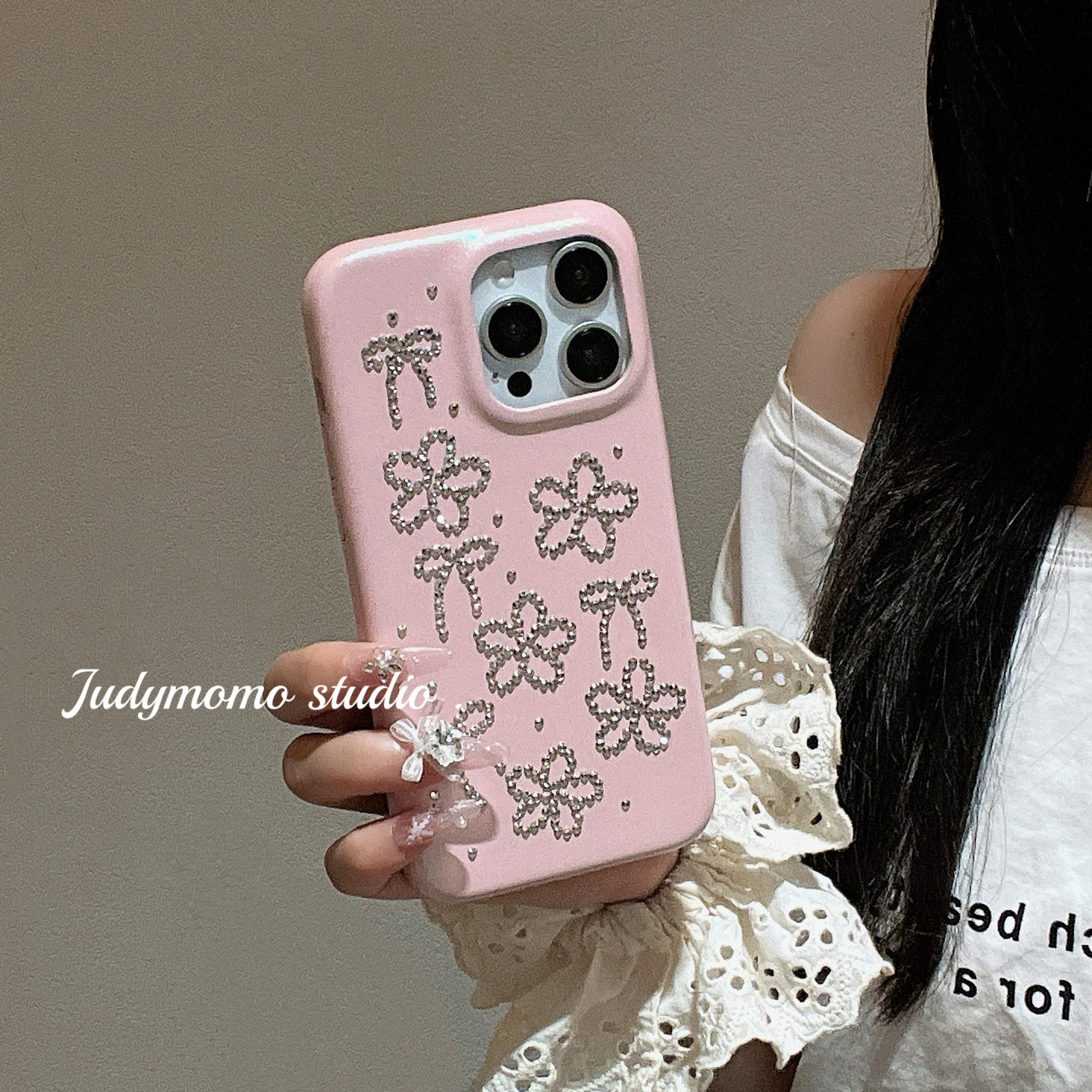 樱花浪漫~ins立体水钻粉色皮壳适用iPhone16苹果15promax手机壳新款16pro少女气质14/13pro防摔套