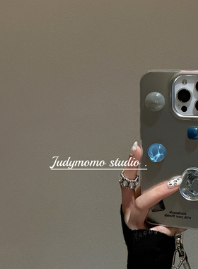 小众INS冰川蓝立体纽扣银色软壳适用16pro苹果新款15promax手机壳14挂绳手提款13pro高级感女