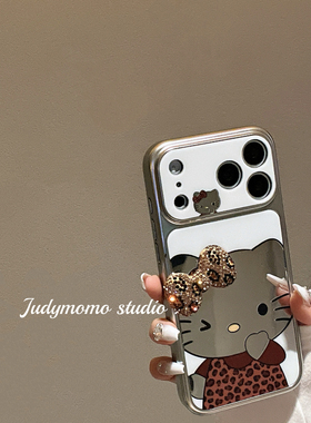 ins镜面豹纹KT猫立体蝴蝶结适用iPhone17手机壳大视窗全包16苹果15防摔17pro电镀银14