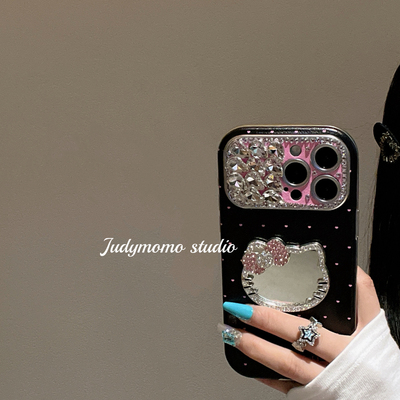 韩系ins轻奢闪钻粉黑波点KT镜面