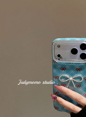 秋冬ins复古蓝色格纹蝴蝶结适用iPhone17苹果16pro手机壳新款17/15promax防摔立体镜头