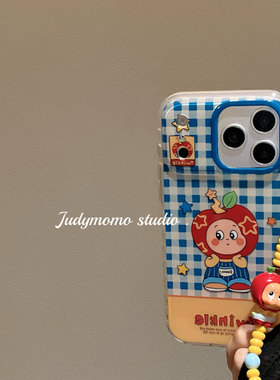 ins可爱苹果星星人蓝色格子适用iPhone17pro手机壳16promax苹果新款15少女全包防摔17挂链