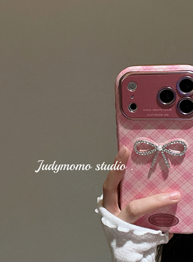 ins质感小羊皮千鸟格粉气质蝴蝶结适用iPhone16苹果新款17promax手机壳15防摔全包14女