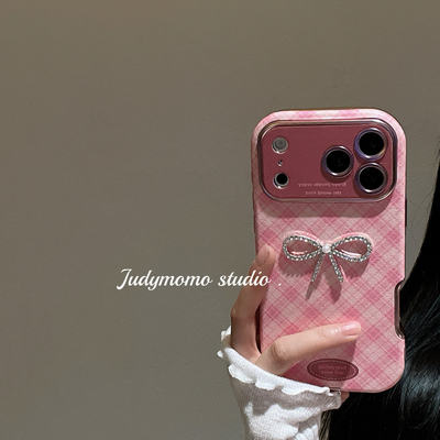 17质感小羊皮千鸟格粉气质蝴蝶结