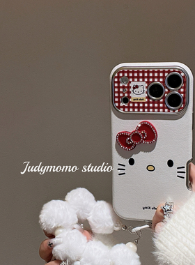 韩系简约ins红格白色贴皮KT少女适用iPhone17pro手机壳16promax苹果新款15防摔全包14挂绳