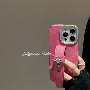 复古ins风豆沙粉小羊皮贴皮腕带苹果16promax手机壳适用iPhone17新款14pro/13硅胶防摔16女