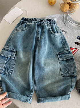 2026春秋新款儿童软牛仔裤男韩版小童口袋长裤潮宝宝工装裤女洋气