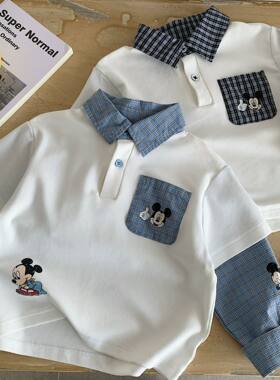2026春秋款儿童POLO衫男卡通小童假两件上衣宝宝格子打底衫女洋气