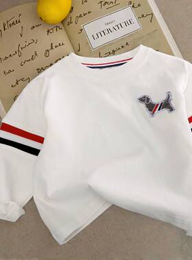 2025春装新款儿童纯棉TB潮牌长袖T恤衫宝宝小狗贴标圆领打底衫潮