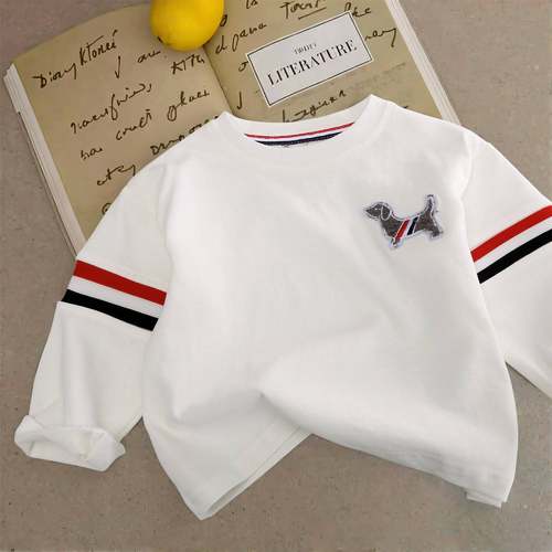 2025春装新款儿童纯棉TB潮牌长袖T恤衫宝宝小狗贴标圆领打底衫潮