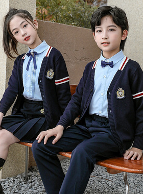 小学生学院风校服幼儿园毛衣女童裙合唱演出蓝衬衫毕业照三件套装