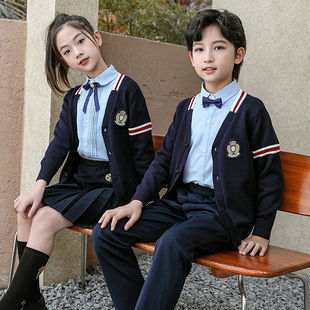 小学生学院风校服幼儿园毛衣女童裙合唱演出蓝衬衫 毕业照三件套装