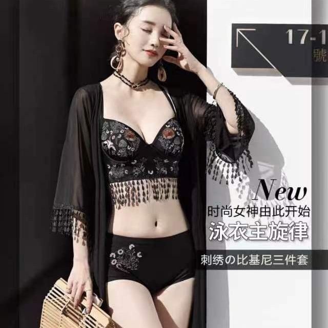 复古刺绣显瘦防走光比基尼三件套