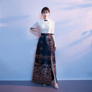 藏青色2025新款大合唱团演出服女士长裙礼服汉服旗袍古典舞中国风