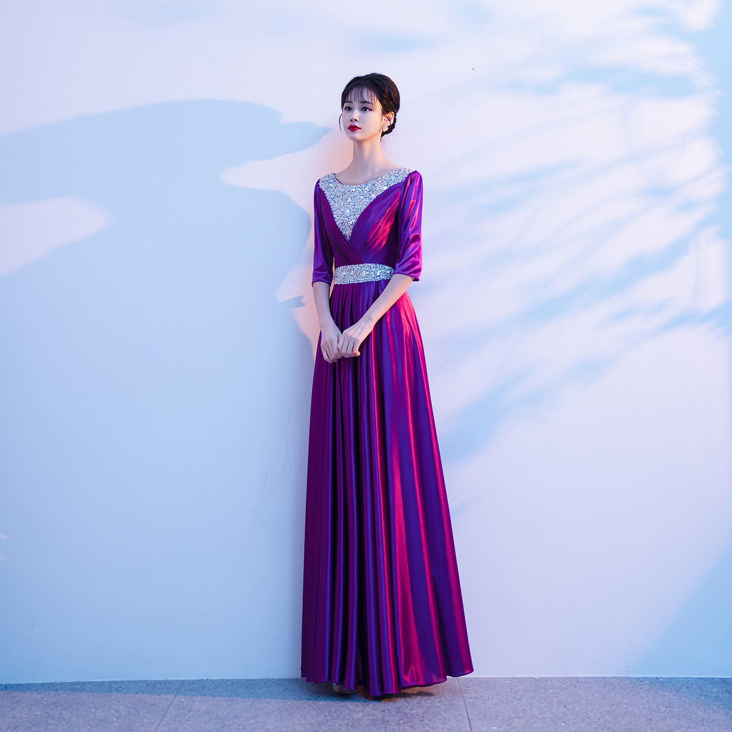 大合唱演出服女长裙紫色优雅气质2026新款中老年领唱比赛高级感