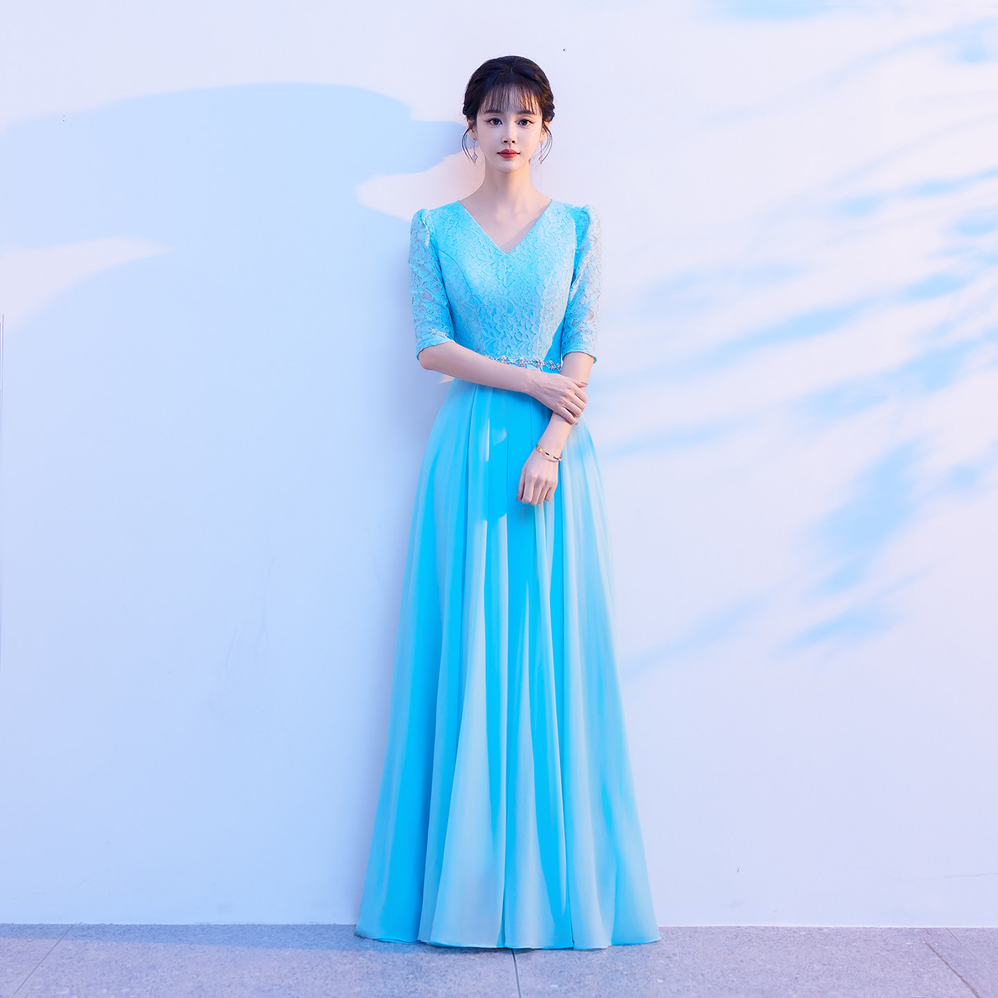大合唱团演出服女长裙蓝色优雅气质2026新款中老年领唱比赛高级感