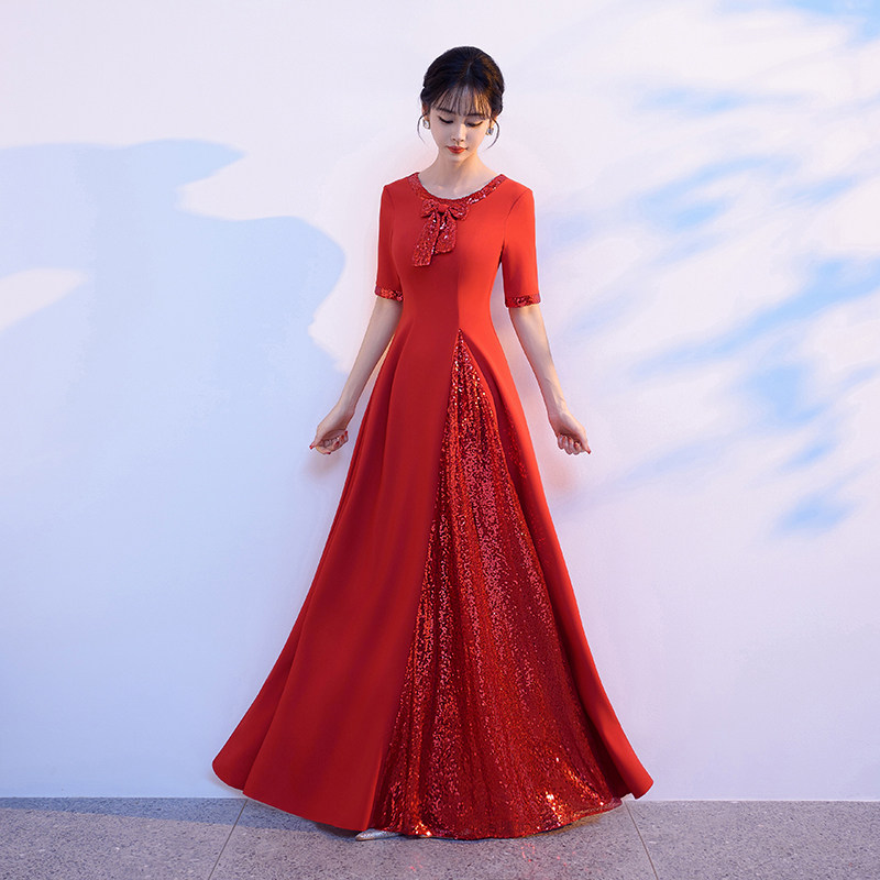 大红色红歌2025新款大合唱团演出服女长裙高级感气质宴会礼服2599