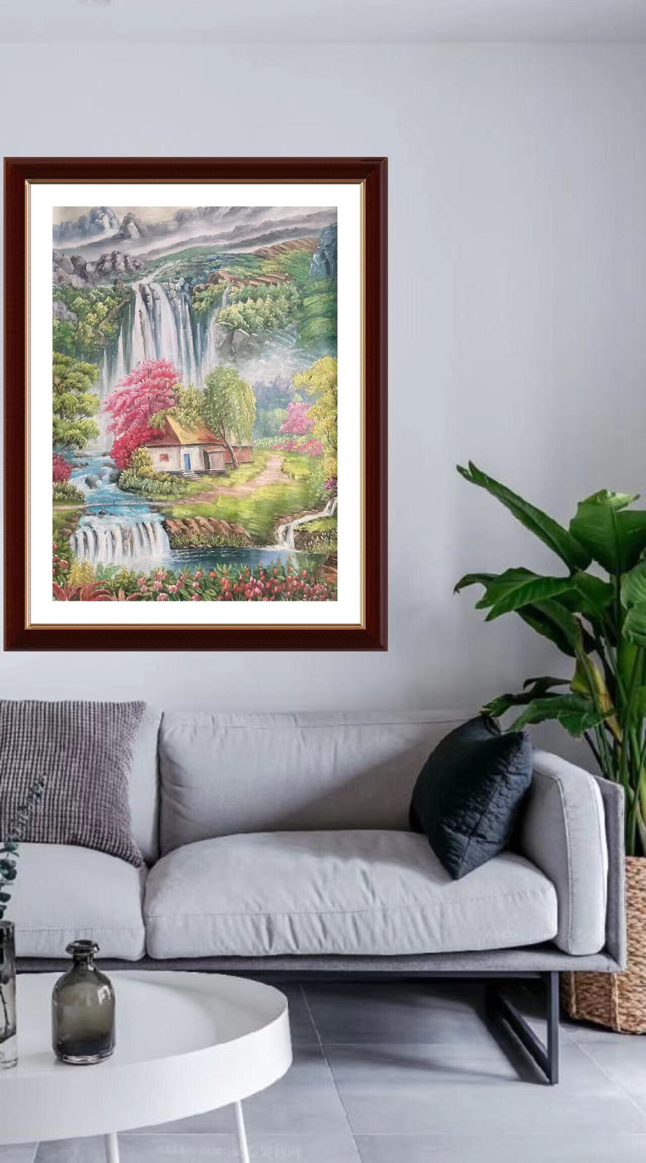 手绘风景油画国画风高山流水客厅沙发卧室装饰创意挂画