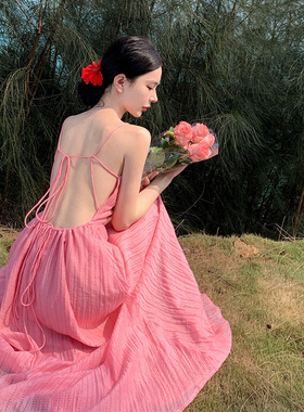 现货实拍ilessisWANG显白浅桃粉纯色大摆露仙女背系带连衣裙