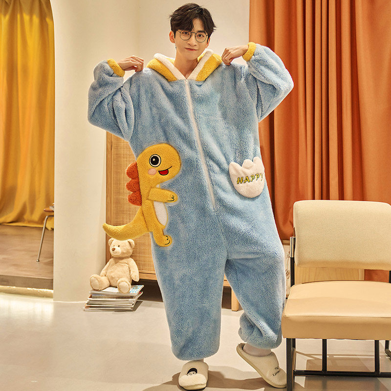 连体睡衣男春秋冬款加厚珊瑚绒加绒可爱恐龙青年男士法兰绒家居服