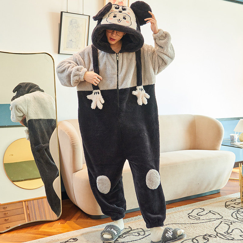 睡衣男冬季连体睡裤珊瑚绒青少年加绒加厚冬天可外穿法兰绒家居服