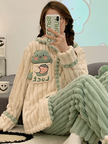 Коралловая бархатная пижама, зимний лонгслив, флисовый фланелевый осенний комплект, 2024 года, увеличенная толщина, осенняя